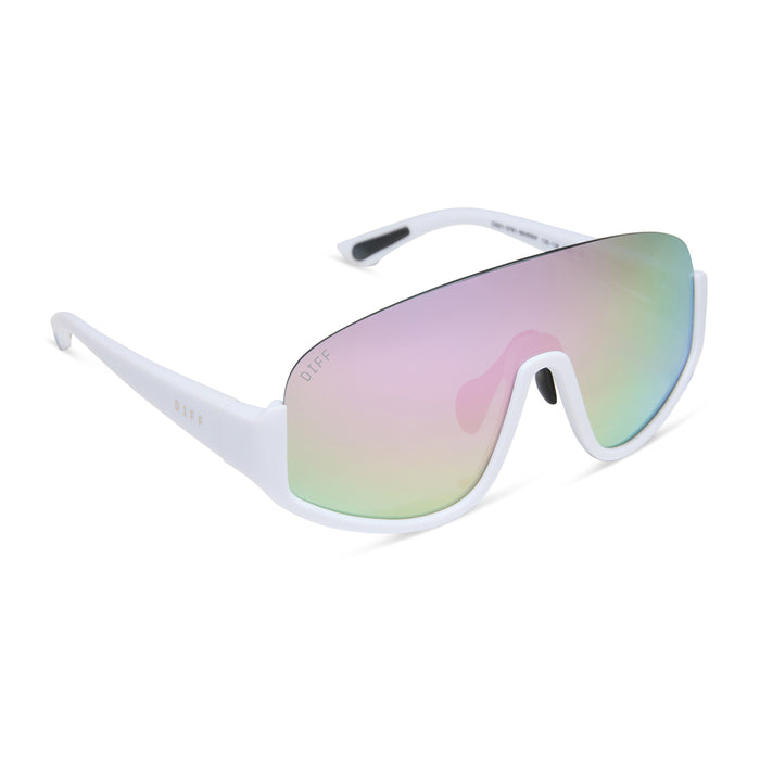 diff sport featuring the blazer shield sunglasses with a matte white frame and lavender mirror polarized lenses angled view
