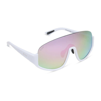 diff sport featuring the blazer shield sunglasses with a matte white frame and lavender mirror polarized lenses angled view