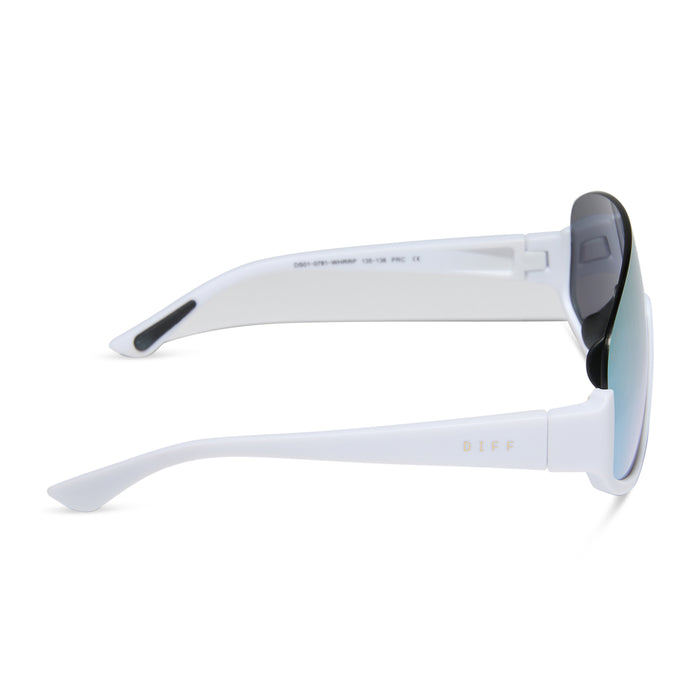 diff sport featuring the blazer shield sunglasses with a matte white frame and lavender mirror polarized lenses side view