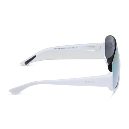 diff sport featuring the blazer shield sunglasses with a matte white frame and lavender mirror polarized lenses side view