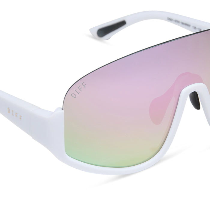 diff sport featuring the blazer shield sunglasses with a matte white frame and lavender mirror polarized lenses detailed view