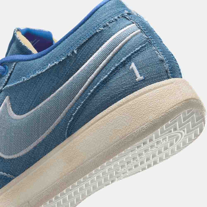 Up close, rear view of the Nike Book 1 "Blue Blood".