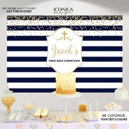 Burgundy Gold First Communion Backdrop, Striped Photo Booth (Printed or Printable File)