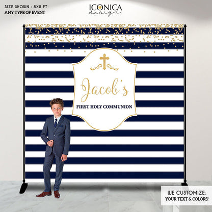 Burgundy Gold First Communion Backdrop, Striped Photo Booth (Printed or Printable File)
