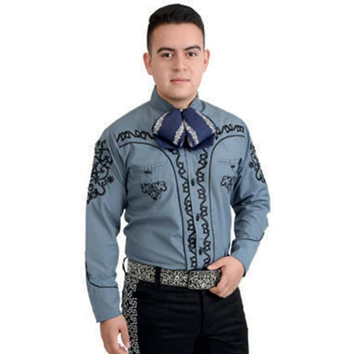Camisa charra para hombre color azul gris con diseño bordado mexicano