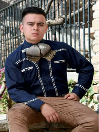 Camisa Charra Azul Marino con Blanco para Hombre | Importada de México