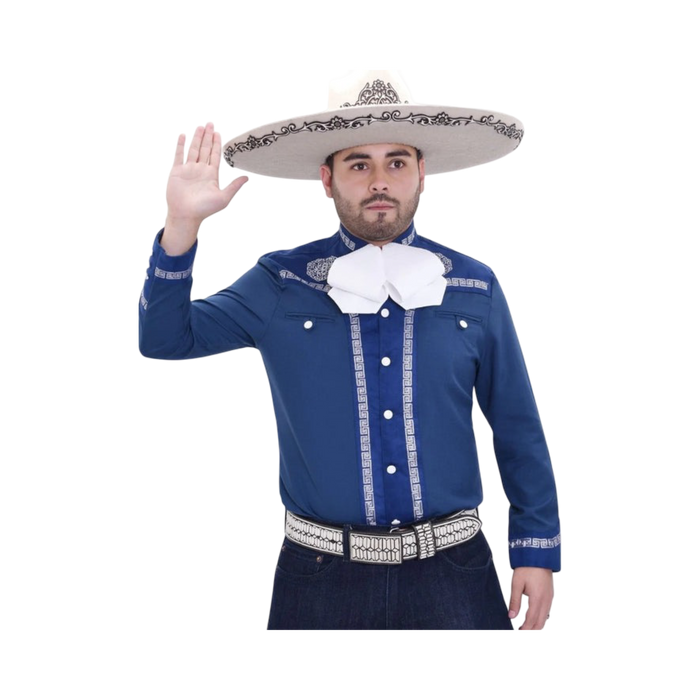 Camisa charra azul rey de hombre con bordado blanco elegante