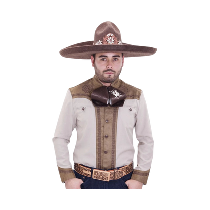 Camisa charra beige con café para hombre con diseño mexicano bordado