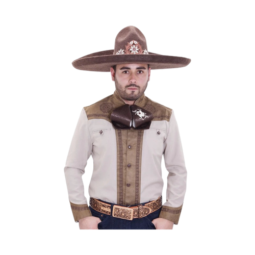 Camisa charra beige con café para hombre con diseño mexicano bordado