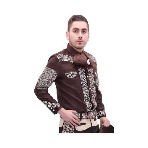 Camisa charra de gamuza café para hombre con bordado mexicano