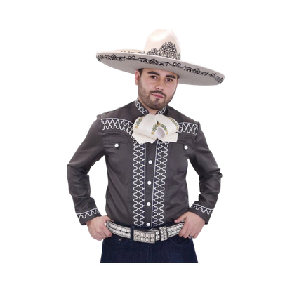 Camisa charra gris Claro para hombre con bordado tradicional mexicano