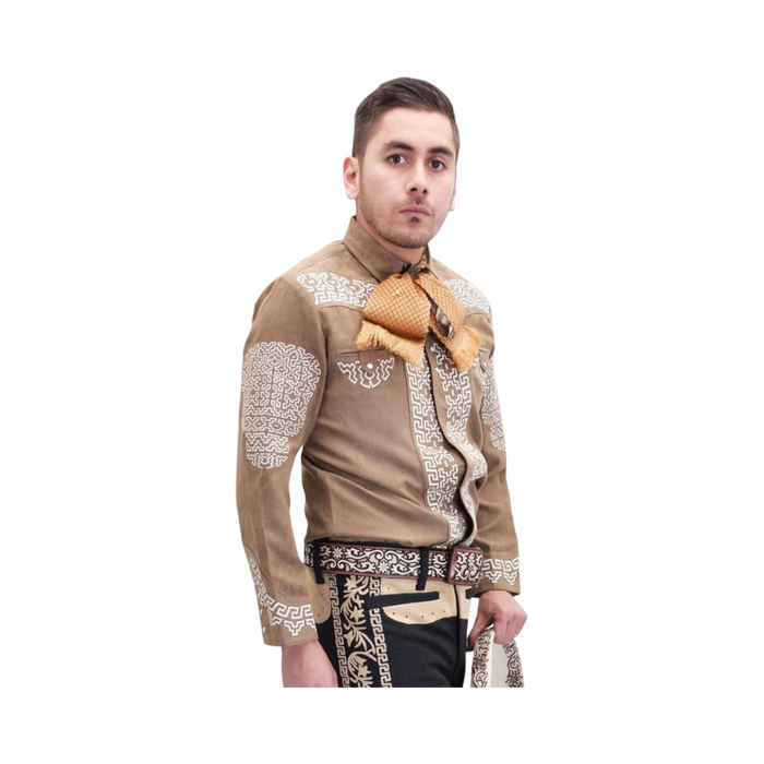 Camisa charra color miel con blanco para hombre estilo tradicional mexicano