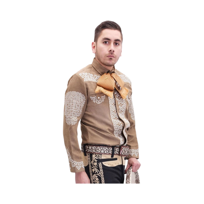 Camisa charra color miel con blanco para hombre estilo tradicional mexicano