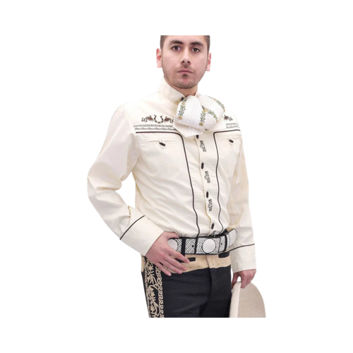 Camisa charra para niño en color beige con bordado café, prenda típica mexicana ideal para rodeos y fiestas.