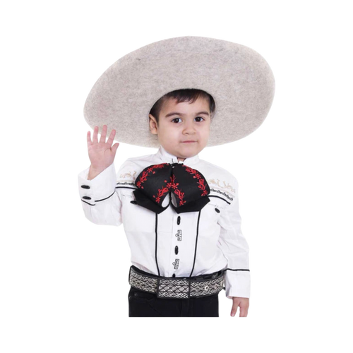 Camisa charra blanca con negro para niño, ideal para trajes charros infantiles y eventos culturales mexicanos.