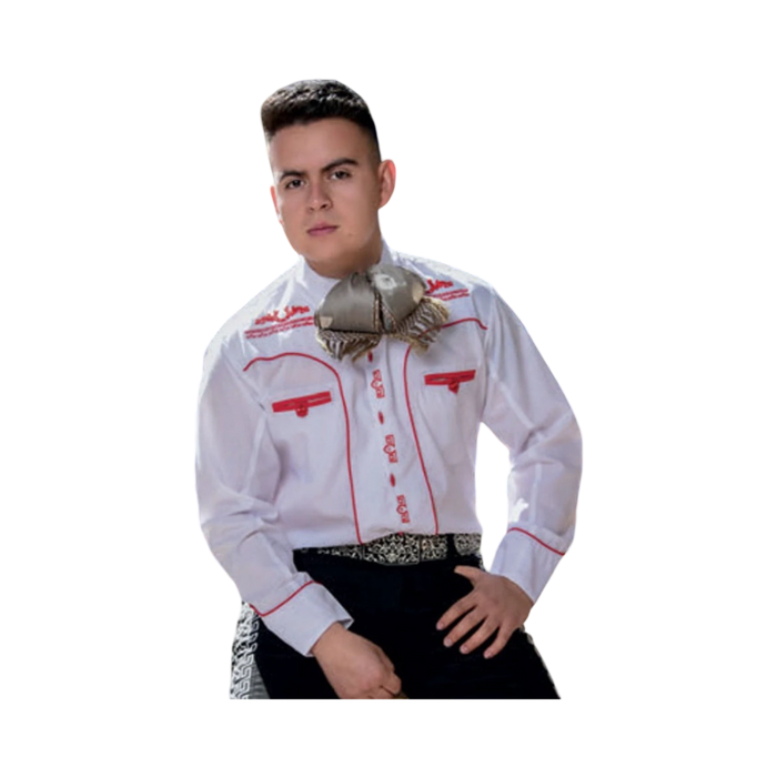 Camisa charra infantil blanca con detalles rojos, ropa tradicional mexicana para niños perfecta para celebraciones patrias.