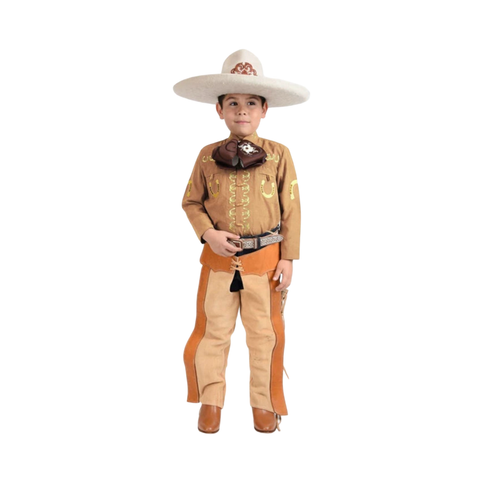 Camisa charra infantil en color arena con bordados blancos, prenda típica mexicana ideal para fiestas patrias y rodeos.