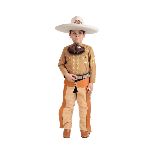 Camisa charra infantil en color arena con bordados blancos, prenda típica mexicana ideal para fiestas patrias y rodeos.