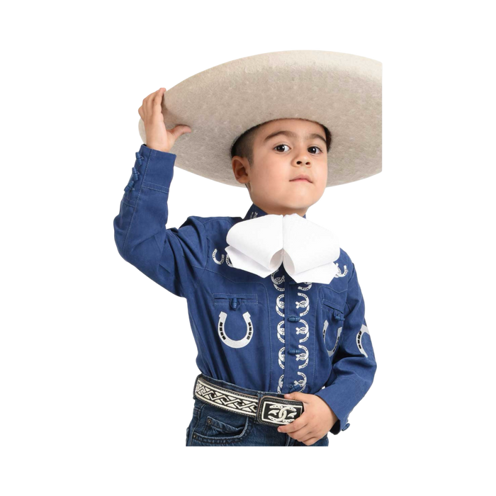 Camisa charra para niño azul con detalles blancos, ropa mexicana tradicional para trajes charros y eventos infantiles.
