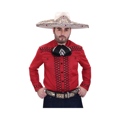 Camisa charra roja con negro para hombre con diseño bordado charro