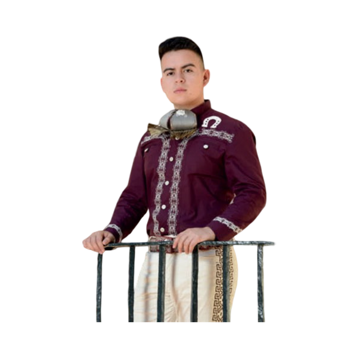 Camisa charra color vino y blanco de hombre estilo tradicional mexicano