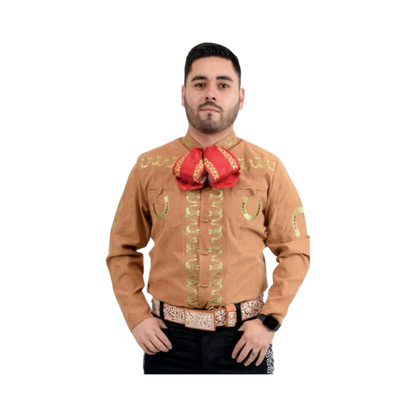 Camisa charra beige claro para hombre con detalles bordados tradicionales