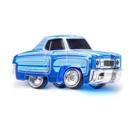 Blue toy car with blue glowing effect on a white background