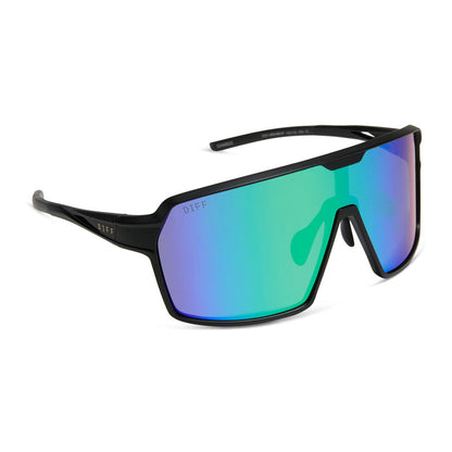 diff sport featuring the charge shield sunglasses with a matte black frame and green mirror polarized lenses angled view