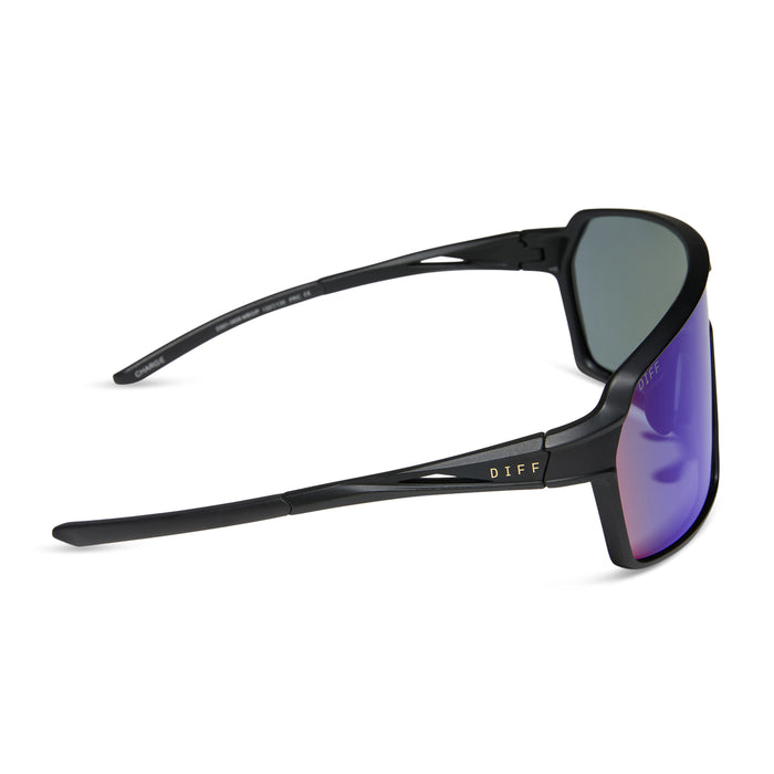 diff sport featuring the charge shield sunglasses with a matte black frame and green mirror polarized lenses side view