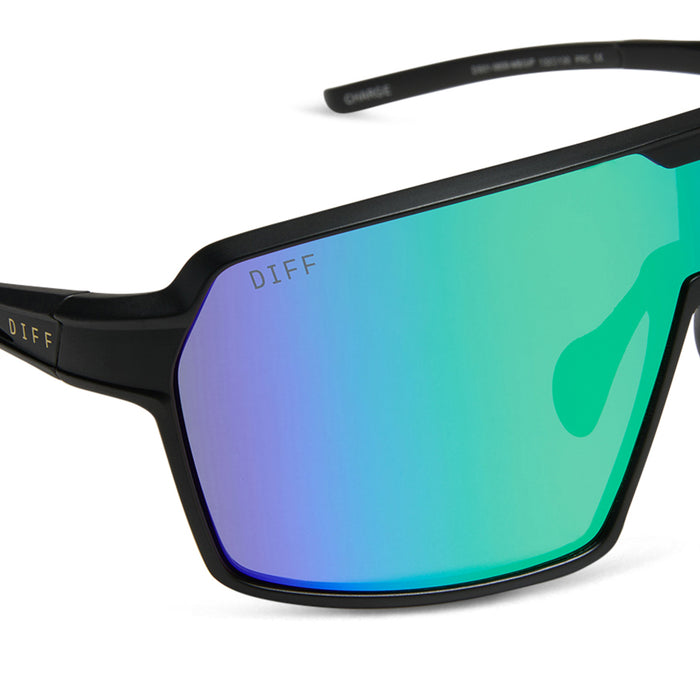 diff sport featuring the charge shield sunglasses with a matte black frame and green mirror polarized lenses detailed view