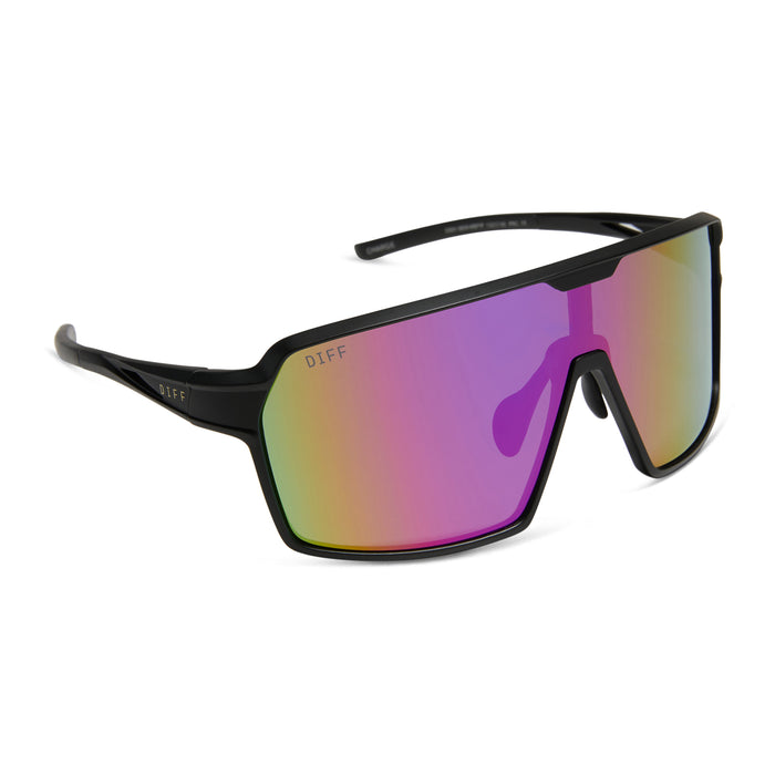 diff sport featuring the charge shield sunglasses with a matte black frame and pink rush mirror polarized lenses angled view