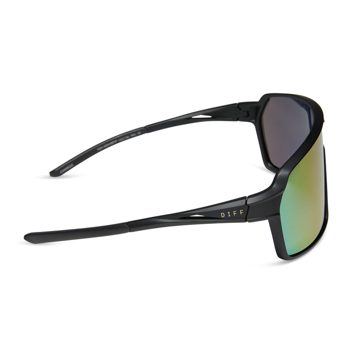 diff sport featuring the charge shield sunglasses with a matte black frame and pink rush mirror polarized lenses side view