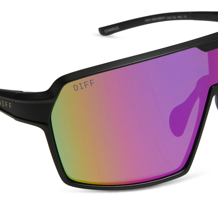 diff sport featuring the charge shield sunglasses with a matte black frame and pink rush mirror polarized lenses detailed view