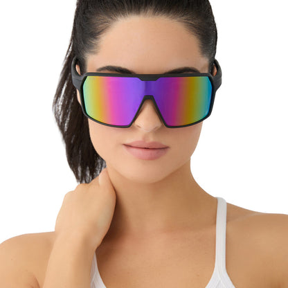 on model - female wearing diff sport featuring the charge shield sunglasses with a matte black frame and pink rush mirror polarized lenses front view