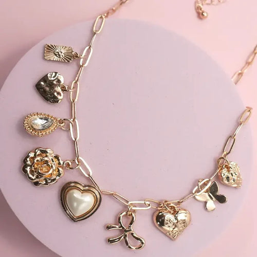 Charm Necklace-Pearl Heart Rhinestone Flower