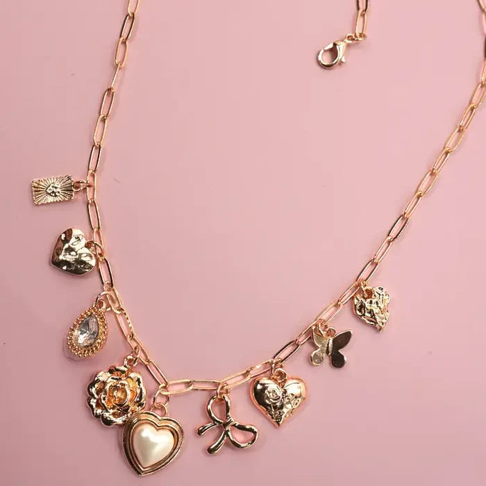 Charm Necklace-Pearl Heart Rhinestone Flower