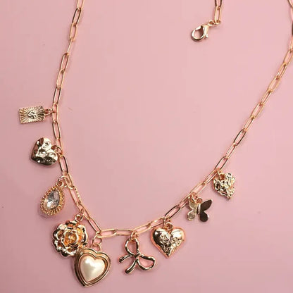 Charm Necklace-Pearl Heart Rhinestone Flower