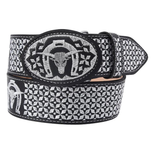 A black leather belt with silver-colored metal embroidery in a herringbone pattern, featuring a buckle with a bull's head design.