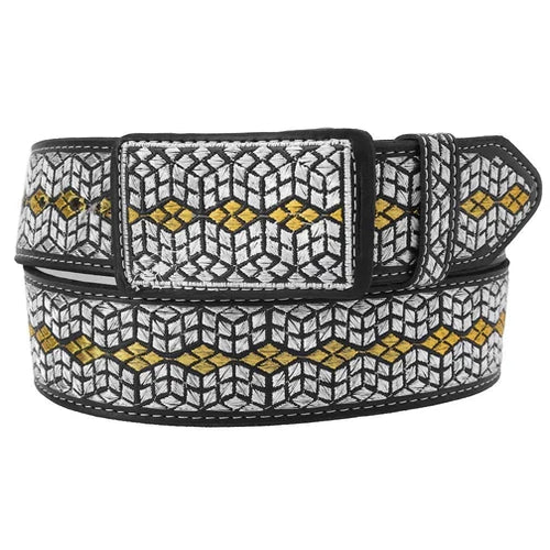 A belt with a geometric pattern featuring a combination of black, white, and gold colors, with metallic threading.