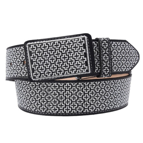 Cinto vaquero bordado ancho 2 pulgadas en negro con grecas en plata. Cinturón western artesanal de piel.