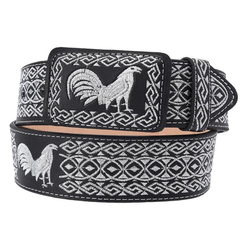 Cinto vaquero bordado ancho 2” negro con diseño de gallo bordado. Cinturón western artesanal mexicano