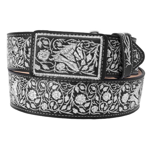 A black leather belt with a floral pattern embossed with silver metal thread, featuring a buckle and a metallic clasp.