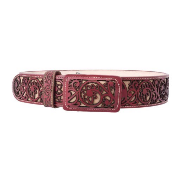 A brown leather belt with a patterned design, featuring a rectangular metal buckle, made using laser cutting techniques.