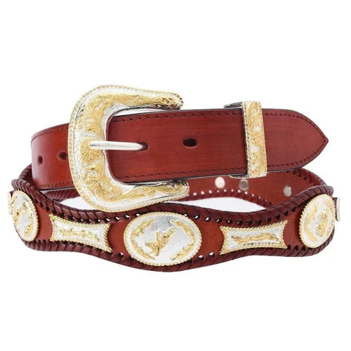 Cinto vaquero fino en color cognac con hebilla de metal grabada, cinturón charro de piel