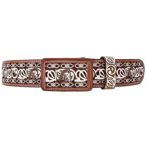 A brown belt with a traditional pattern, featuring a square metal buckle, likely made of leather.