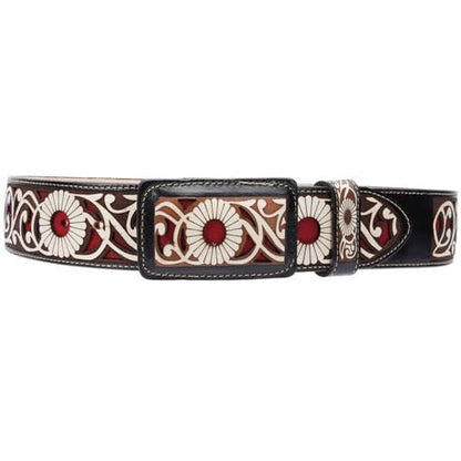 Cinto Vaquero  Vino Corte Láser con Flores para Hombre