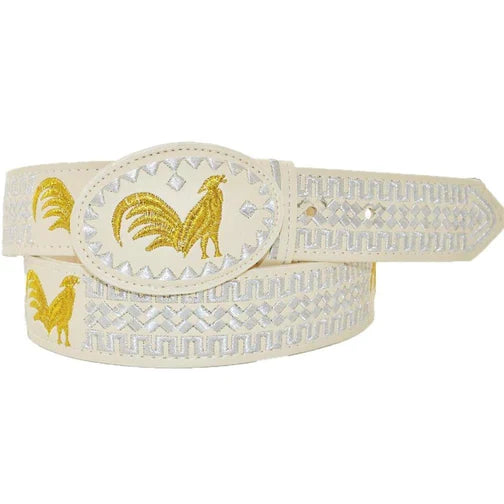 Cinturón charro blanco con detalles dorados y gallo