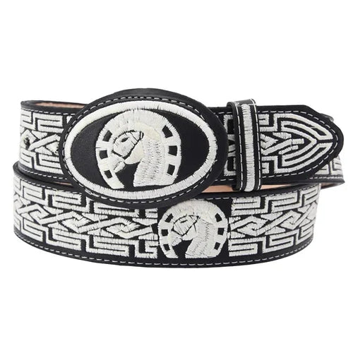 Cinturón charro blanco con caballo en blanco