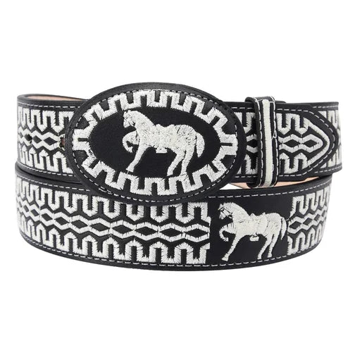 Cinto charro negro con caballo en blanco