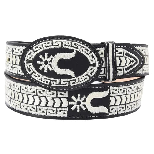 Cinto charro negro con herraduras en blanco
